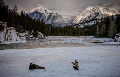 Photoshoot on thin ice, Bow River, Banff