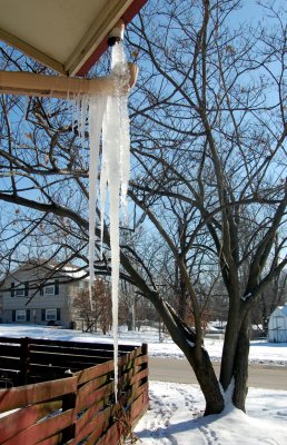 I can't seem to get enough of the ice shots. This one was caught hanging from our tired old gutter. Rather than repair the gutter, I took pictures of it.