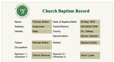 Thomas Simon Bolton - Baptism Information
