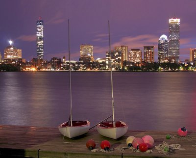 Back Bay Skyline at Night with Charles River and Sailboats