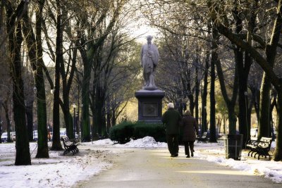 Commonwealth Avenue Mall in Winter with Elderly Couple