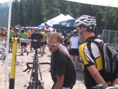 Chris working on a bike at one of the aid stations