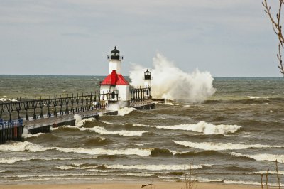 Spring storm at a light house on Lake Michigan