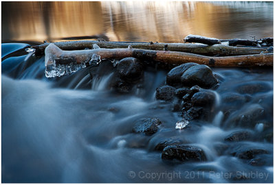 Icy branch in a stream.
