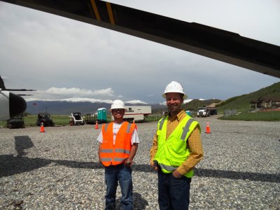 Adam in his PPE in the pipeyard with Tim