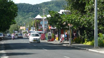 Bustling downtown Avarua, the capitol city of the Cook Islands.