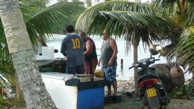 Pierre blends in with the guys cleaning fish at Captain Moko's dock.  Moko and his wife own The Mooring.