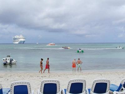 Beach at Princess Cays with ship at anchor