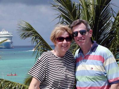 Are we cute or what?!?!? Bob and Judy on the observation tower on Princess Cays