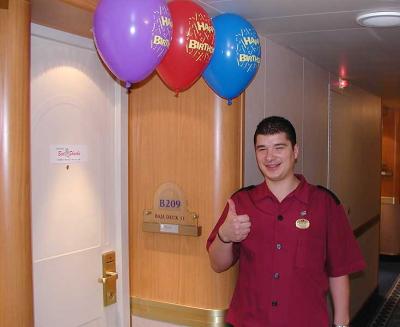 Our room steward, Stelian, show off his handywork for Bob's birthday.