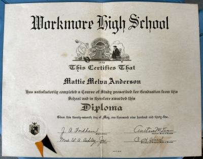 Workmore High 1935 Diploma of Mattie Melva Anderson