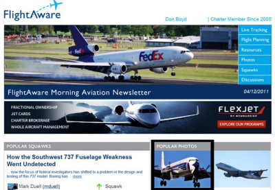 2011 - photo of DC-7B N836D on FlightAware's Morning Aviation Newsletter