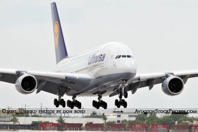 2011 - Lufthansa A380-841 D-AIMD Tokio on the inaugural flight to Miami International Airport aviation airline stock photo