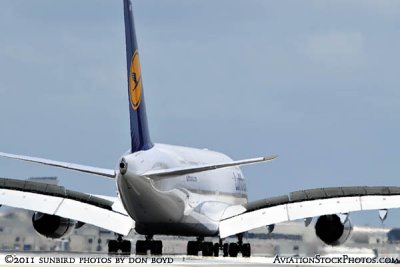 2011 - Lufthansa A380-841 D-AIMD Tokio on the inaugural flight to Miami International Airport aviation airline stock photo