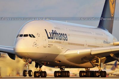 2011 - Lufthansa A380-841 D-AIMC Peking on takeoff roll at Miami International Airport aviation airline stock photo