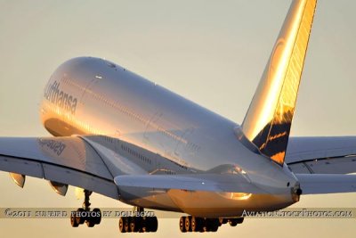 2011 - Lufthansa A380-841 D-AIMC Peking lifting off at Miami International Airport aviation airline stock photo