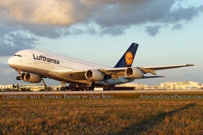 2011 - Lufthansa A380-841 D-AIMC Peking rotating on takeoff at Miami International Airport aviation airline stock photo