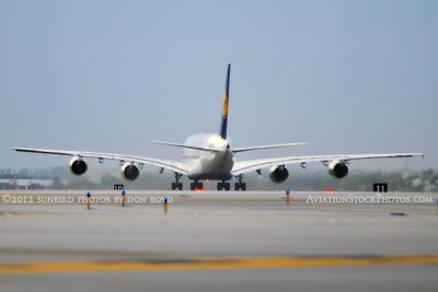 2012 - Lufthansa A380-841 D-AIMC Peking on takeoff roll on runway 27 at MIA airline aviation stock photo