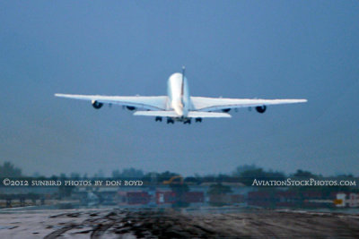 2012 - Lufthansa A380-841 D-AIMC Peking lifting off from runway 27 at MIA airline aviation stock photo
