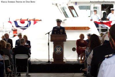 Master Chief Petty Officer of the USCG Michael P. Leavitt speaking at commissioning ceremonies for the USCGC BERNARD C. WEBBER