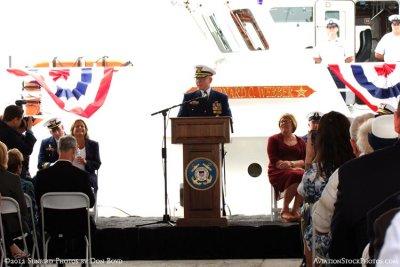 Admiral Robert J. Papp Jr., Commandant of the USCG, speaking at commissioning ceremonies for USCGC BERNARD C. WEBBER (WPC 1101)