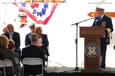 Admiral Robert J. Papp Jr., Commandant of the USCG, speaking at commissioning ceremonies for USCGC BERNARD C. WEBBER (WPC 1101)