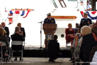 LCDR Herb Eggert, prospective CO of the USCGC BERNARD C. WEBBER, speaking at the commissioning ceremony