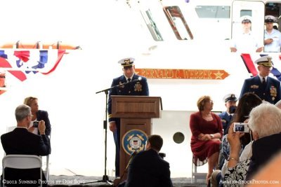 LCDR Herb Eggert, prospective CO of the USCGC BERNARD C. WEBBER, speaking at the commissioning ceremony