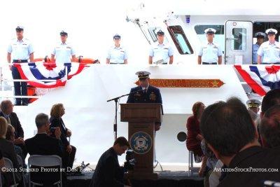 LCDR Herb Eggert, Commanding Officer, making concluding comments after the commissioning of the USCGC BERNARD C. WEBBER