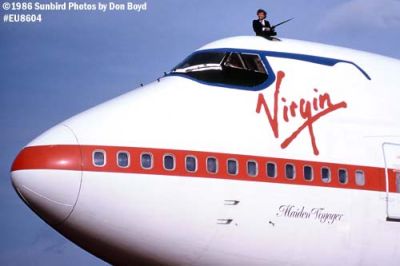 1986 - Richard Branson on top of inaugural Virgin Atlantic B747 service to Miami aviation airline stock photo #EU8604