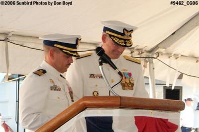 CDR Eduardo Pino, CO of CGC GENTIAN (WIX 290) and VADM Brian D. Peterman speaking at decommissioning ceremony stock photo #9462C