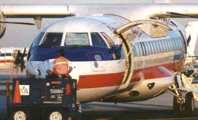 1999 - Will Work for Food cockpit sunscreen on American Eagle ATR-42