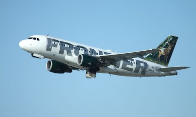 Frontier A-319 taking off from LAX, Feb, 2011
