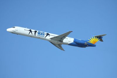 Allegiant Air MD-83 with Blue Man Group special livery, LAX, Feb 2011