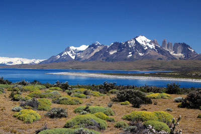 The peaks of Cordillera del Paine and Laguna Azul