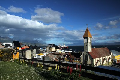 The cathedral of Ushuaia with the harbour in the background
