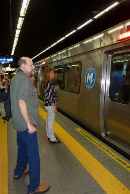 Howard getting onto the metro at Botafogo, part of Rio (Rio metro was a nice one!)