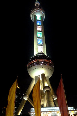 After flying to Shanghai, we checked into the hotel.  This is the Pearl Tower from the elevated walkway near the hotel.