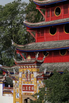 Temple and pagoda. The pagoda was built without nails attaching it to the rocks.  It leans against the rocks.