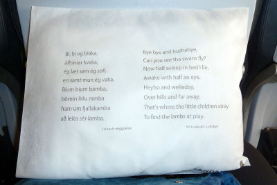 We boarded a plane for Reykjavik.  After seeing the pillow, I'm thinking, I'm sure glad many Scandinavians speak English!