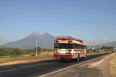 Guatemala bus and volcano