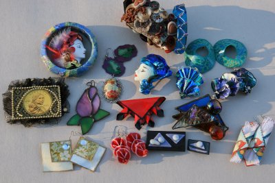 More jewelry - clay ladies, more stained glass and paper, plus a button necklace