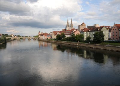 The Danbue River in Regensburg, Germany,  The bridge was built in 1135