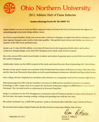 Sandy Paeltz's Induction into the Ohio Northern University Athletic Hall of Fame