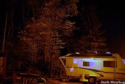 Nighttime shot of our camper and a blooming Dogwood tree