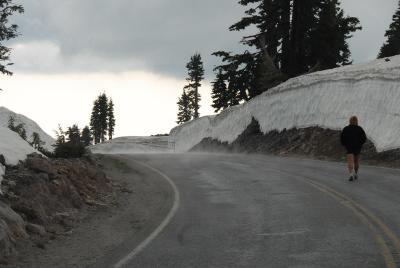 Closed highway in Lassen (steam on road from a recent rain)