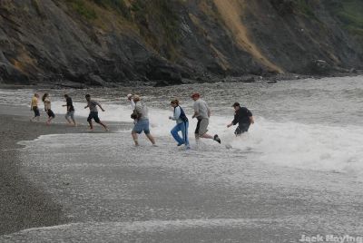 Agate hunters running from the surf, Agate Beach, Patrick's Point State Park
