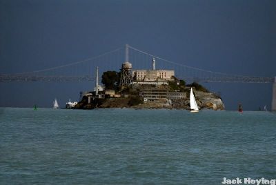 Alcatraz Prison and the Bay Bridge.