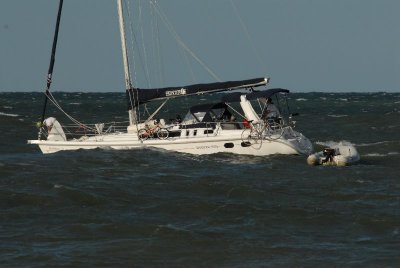 A 38' Hunter playing in the waves