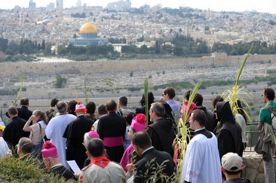 Looking at Jerusalem, clerics and pilgrims wave their palm branch